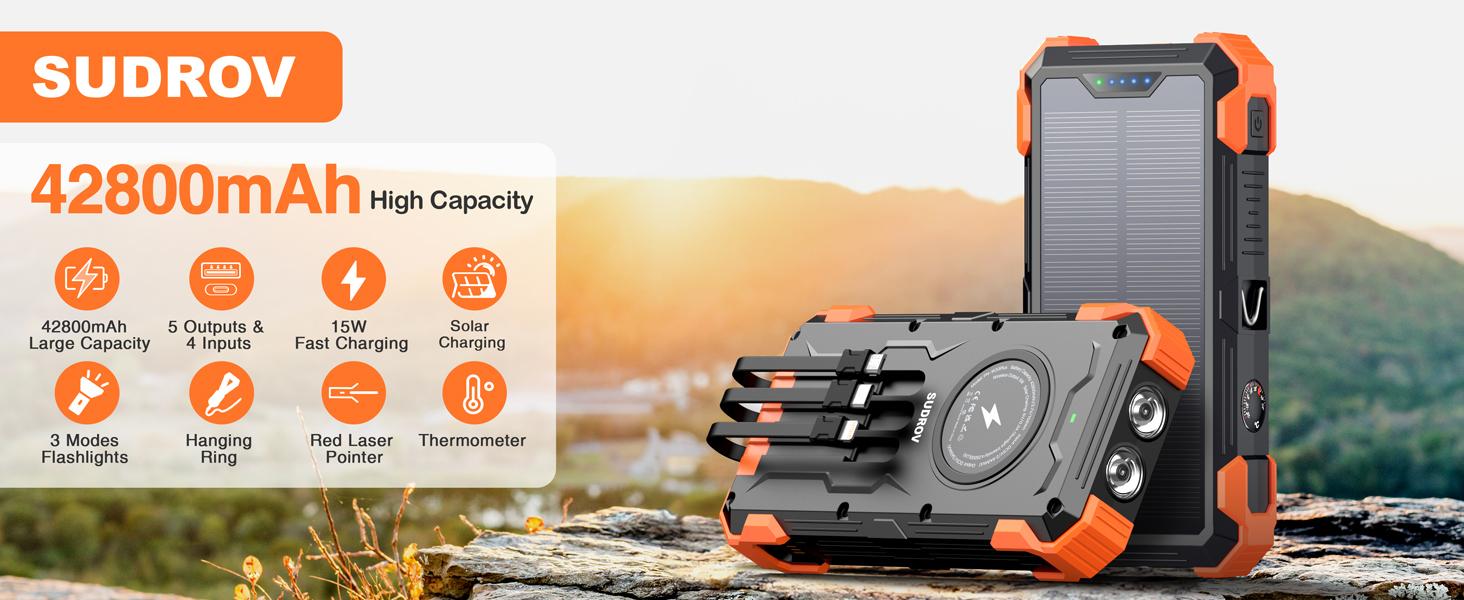 Sudrov 42800 mAh Solar Charger Power Bank Wireless Charger Built in 4 Cables 7 Outputs 15 Watts Fast Charging Power Bank for All Mobile Devices 3 Inputs Solar Portable Charger with Dual Flashlights, Carabiner and Thermometer