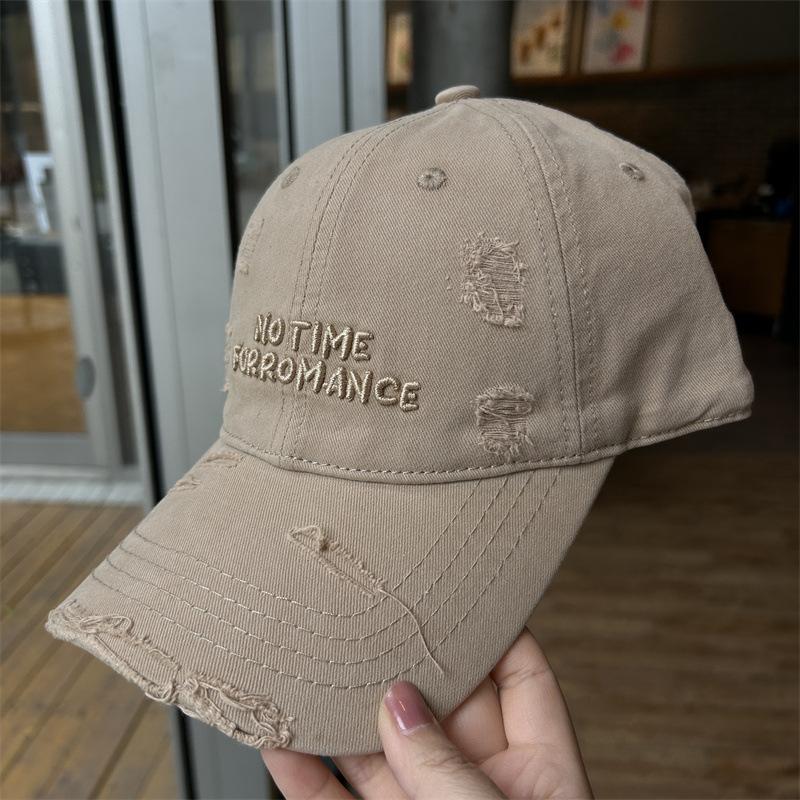 Topi Baseball Wanita Berlubang dengan Sulaman Huruf, Diperbuat daripada Kapas yang Dicuci, Berbentuk Runcing, Tampak Kecil, Bersaiz Besar, dengan Tepi yang Melebar, Topi Matahari Berbahan Lembut.