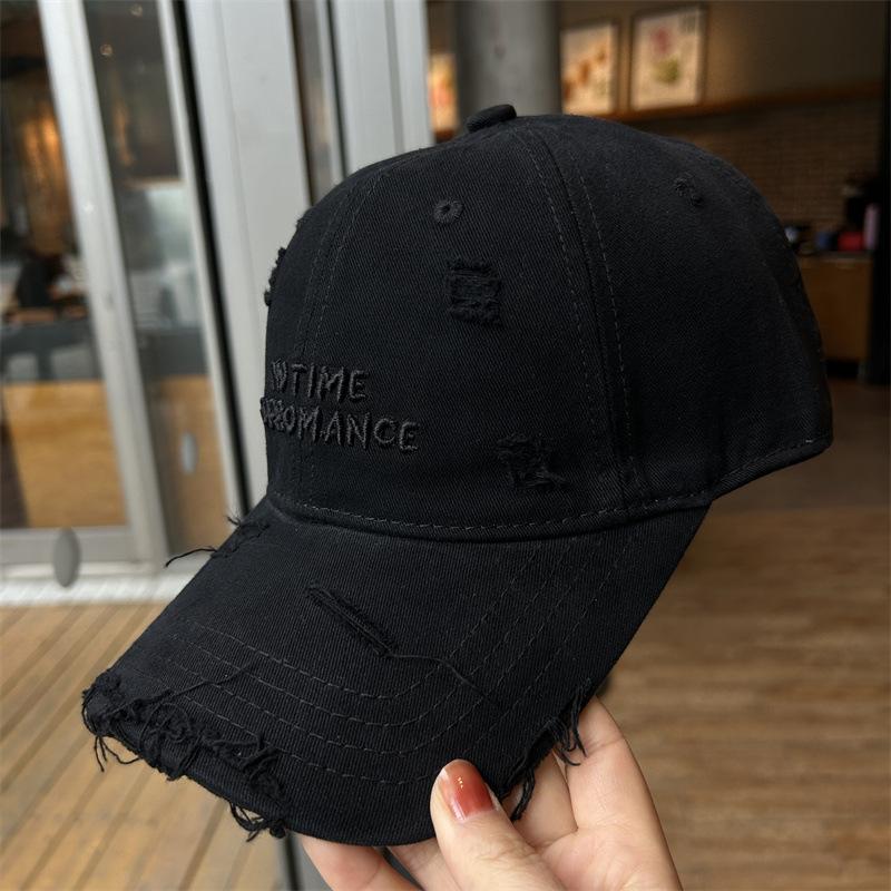 Topi Baseball Wanita Berlubang dengan Sulaman Huruf, Diperbuat daripada Kapas yang Dicuci, Berbentuk Runcing, Tampak Kecil, Bersaiz Besar, dengan Tepi yang Melebar, Topi Matahari Berbahan Lembut.