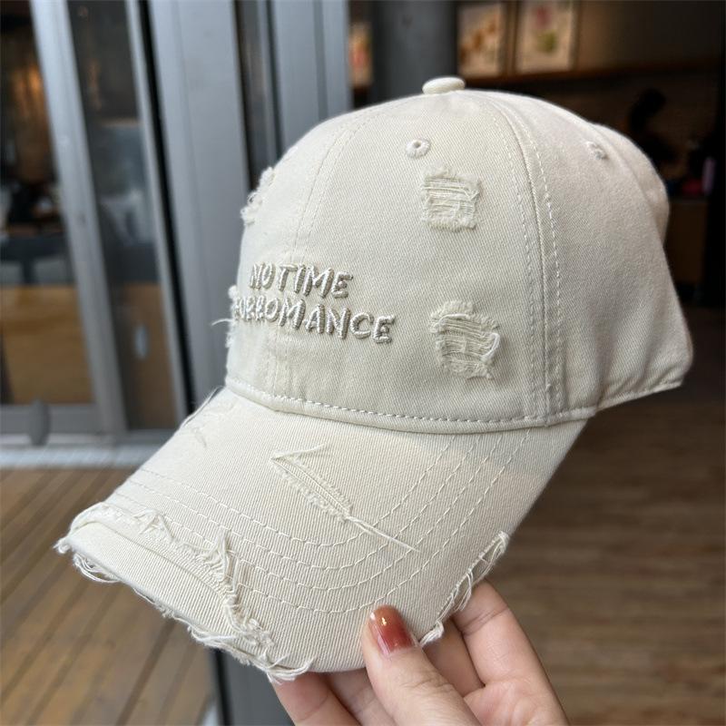 Topi Baseball Wanita Berlubang dengan Sulaman Huruf, Diperbuat daripada Kapas yang Dicuci, Berbentuk Runcing, Tampak Kecil, Bersaiz Besar, dengan Tepi yang Melebar, Topi Matahari Berbahan Lembut.