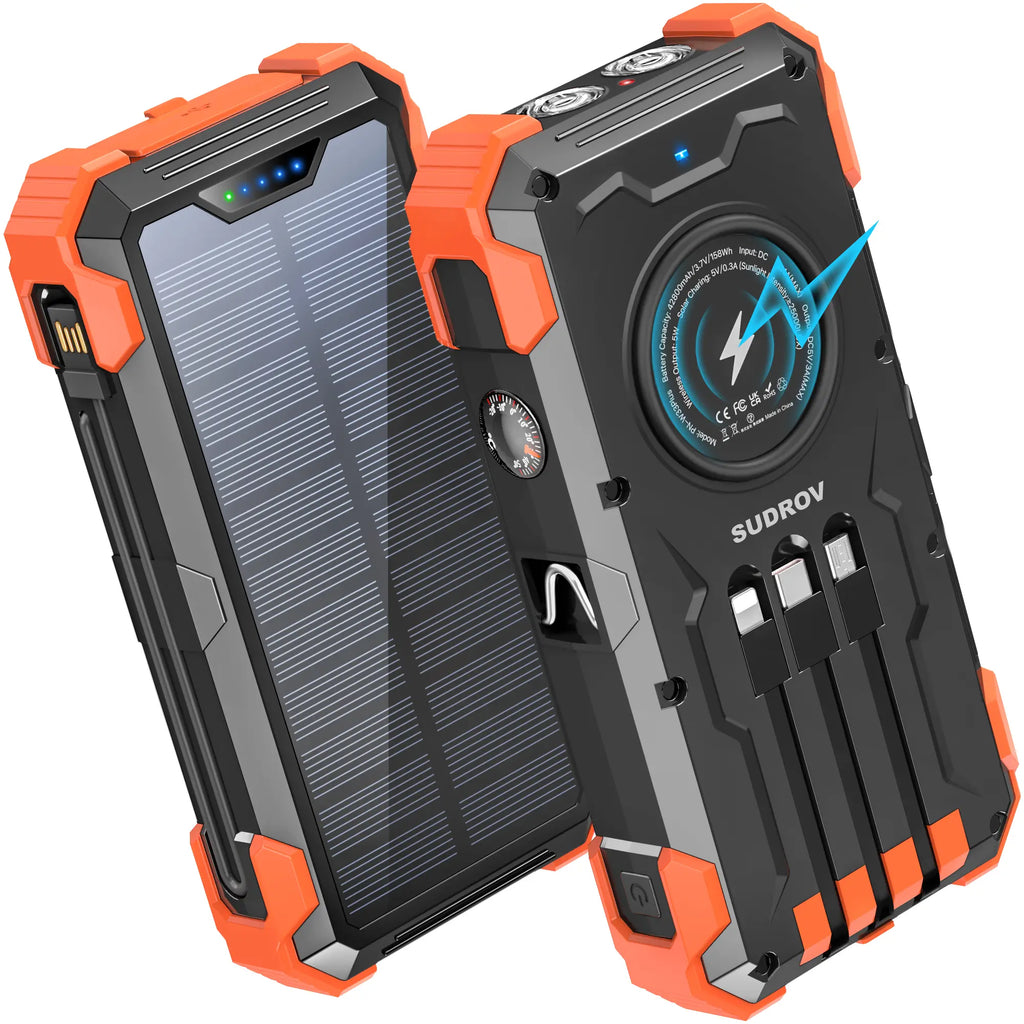 Sudrov 42800 mAh Solar Charger Power Bank Wireless Charger Built in 4 Cables 7 Outputs 15 Watts Fast Charging Power Bank for All Mobile Devices 3 Inputs Solar Portable Charger with Dual Flashlights, Carabiner and Thermometer