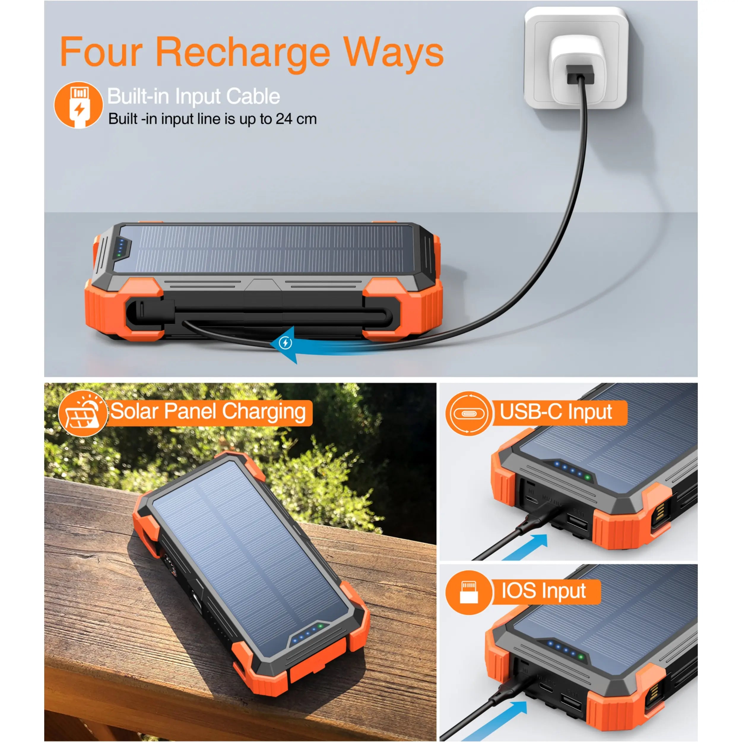 Sudrov 42800 mAh Solar Charger Power Bank Wireless Charger Built in 4 Cables 7 Outputs 15 Watts Fast Charging Power Bank for All Mobile Devices 3 Inputs Solar Portable Charger with Dual Flashlights, Carabiner and Thermometer